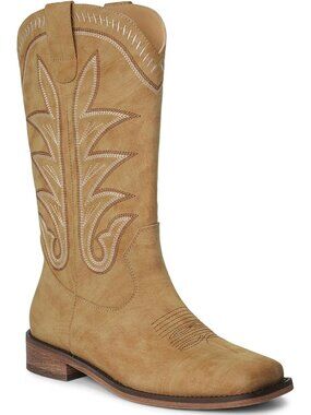 Women's Camel Western Wide Square Toe Cowgirl Boots Mid Calf Country Boots